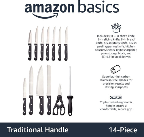 Amazon Basics 14-Piece High Carbon Stainless Steel Kitchen Knife Set with Sharpener and Pinewood Block, Black